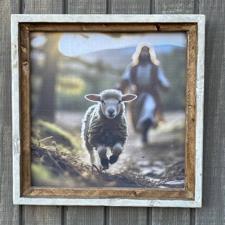 Good Shephard Chasing after Lost Lamb 17X17 Print for wholesale by LAND OF COTTON