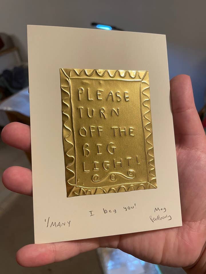(Copy) Please Turn off the big light - Tin Embossing Medium Handmade Artwork for wholesale by Meg Fatharly