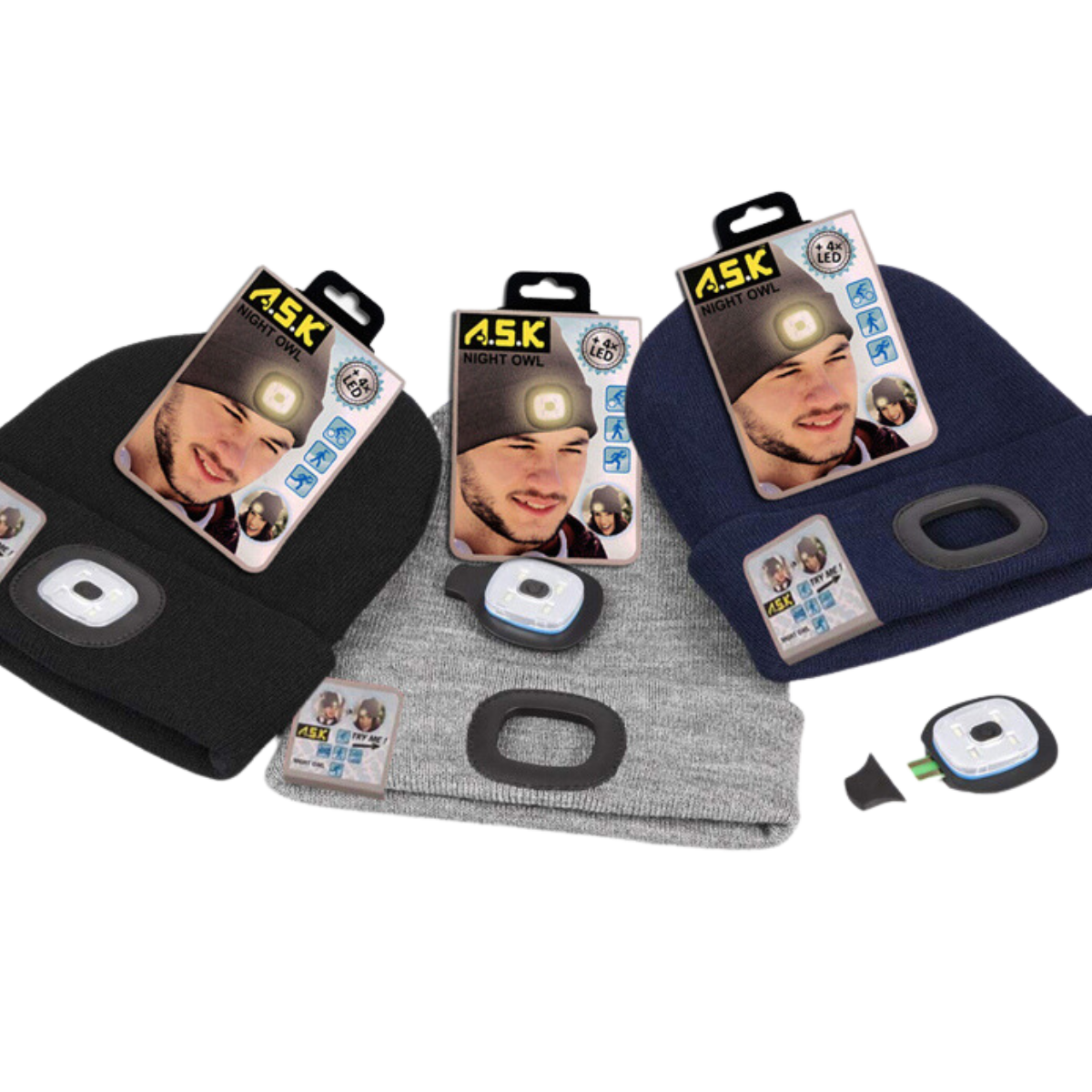 K & S WHOLESALE INC – Gorro - Unissexo por atacado – Gorro A.S.K com luz LED 96 CT Display de chão12