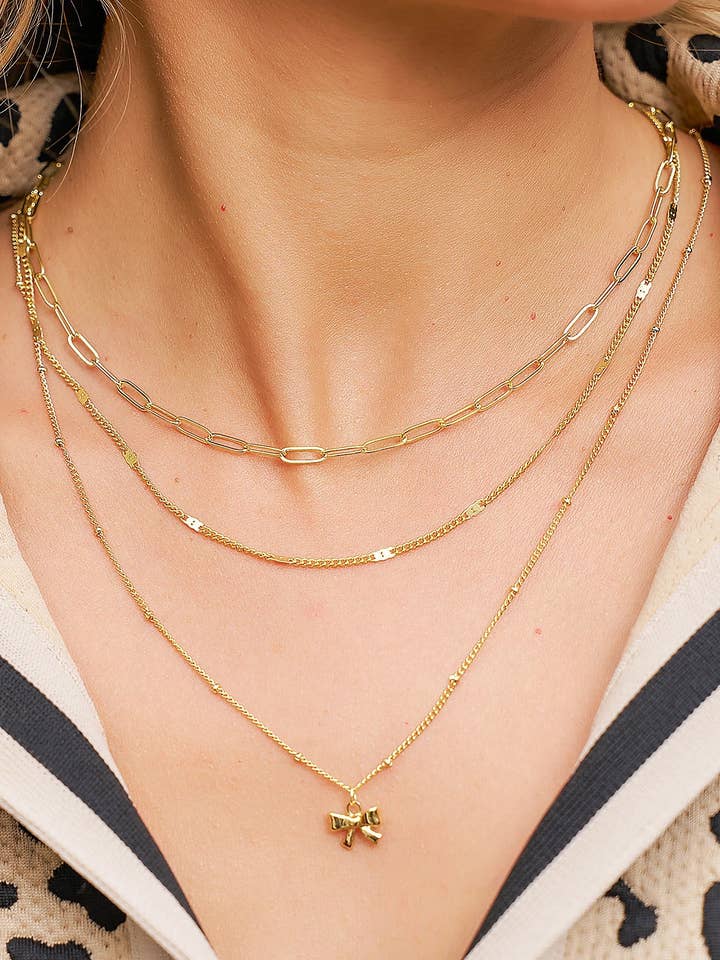 Gold Plated Trendy Paperclip Chain Bow Pendant 3pcs Necklace Set for wholesale by Lovesoft