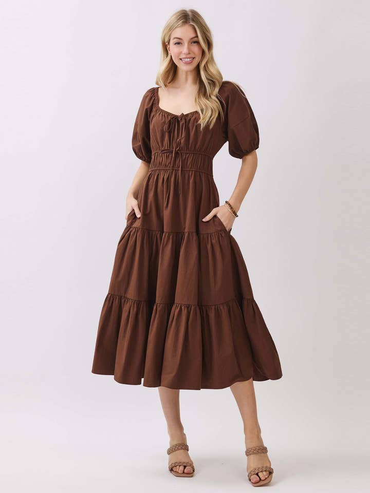 U-NECK FRONT ELATIC W/ TIE DETAILED TIERED DRESS - VED42910 for wholesale by Calista