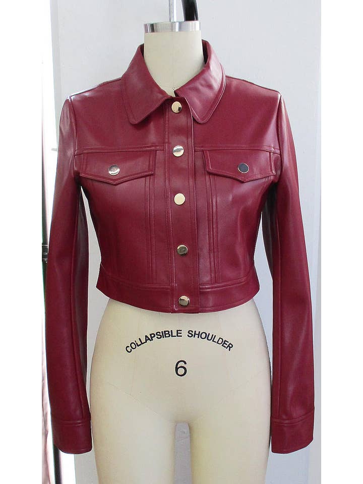 Melrose with Love - Wholesale Leather Jacket - Women's - STRETCHY BUTTON UP POLYURETHANE CROP JACKET