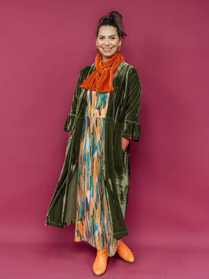 Velvet Ruffle Maxi Cardigan in Dark Olive for wholesale by Megan Crook Textiles