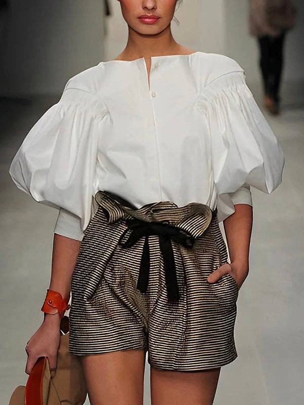 FurDecoration - Wholesale Blouse - Women's - Buttoned Puff Sleeve Solid Color Blouse