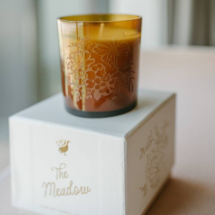Flowerie - Wholesale Jar/filled candle - The Meadow Candle | Soy Wax Amber Glass Gold Foil Floral Box4