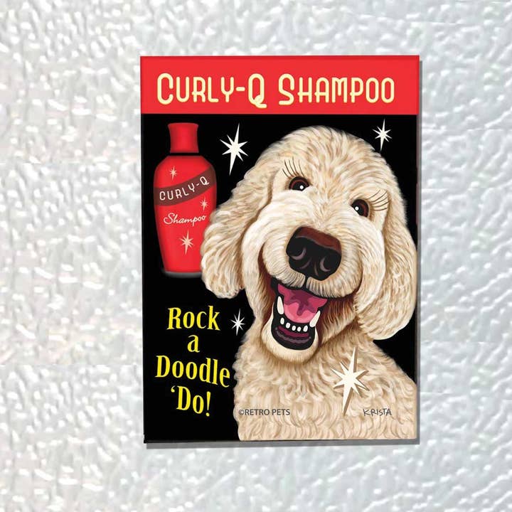 Retro Pets – wholesale Magnet – Cream Labradoodle 4-pack magneter, 'Curly-Q Shampoo a doodle'2