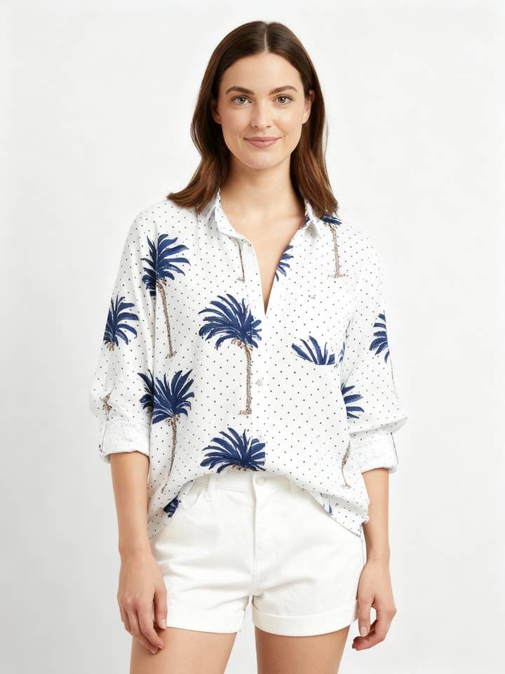 Resort Shirt Unisex Indigo Palm Tree for wholesale by PICK HAPPY