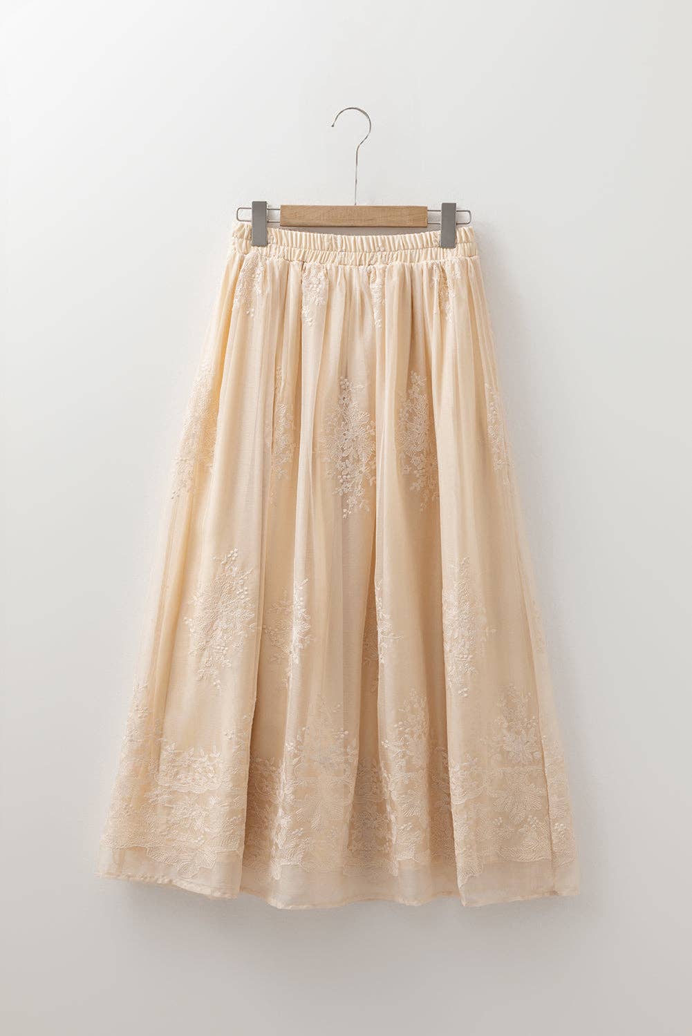 Oatmeal Embroidered Mesh Overlay Flowy Long Skirt for wholesale on Faire8