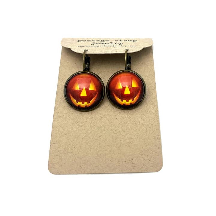 Postage Stamp Jewelry - Wholesale Dangle Earrings - 2016 Jack-o’-lantern USA Halloween Stamp - Postage stamp jewelry - Postage Stamp Earrings - French clip earrings in antique bronze finish3