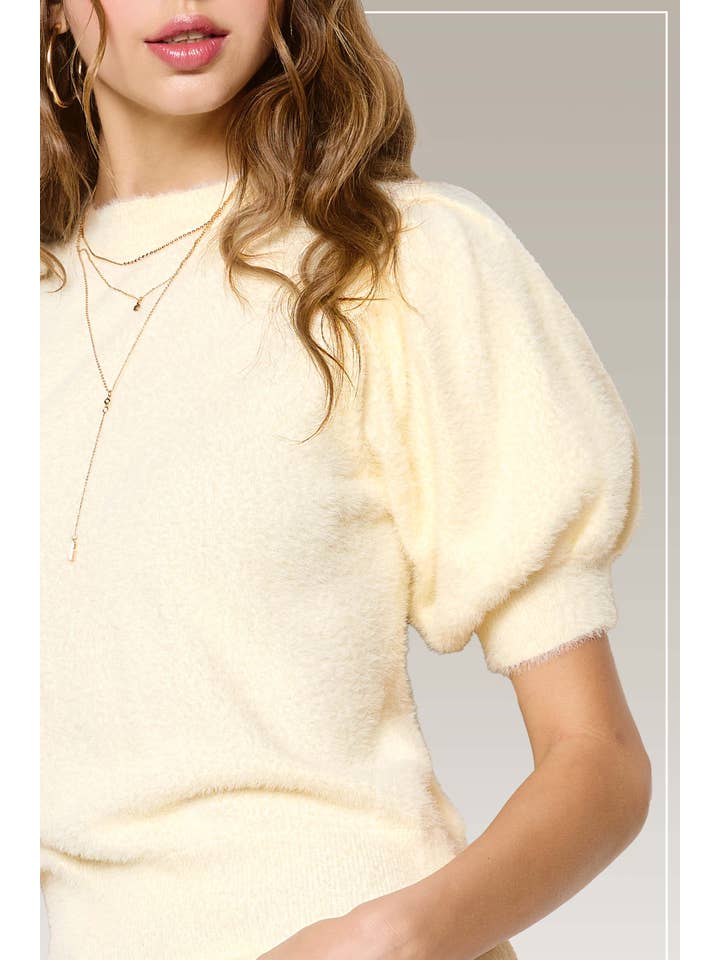 La Miel - Wholesale Blouse - Women's - JCS3554-Soft Mohair Puff Short Sleeve Knit Top