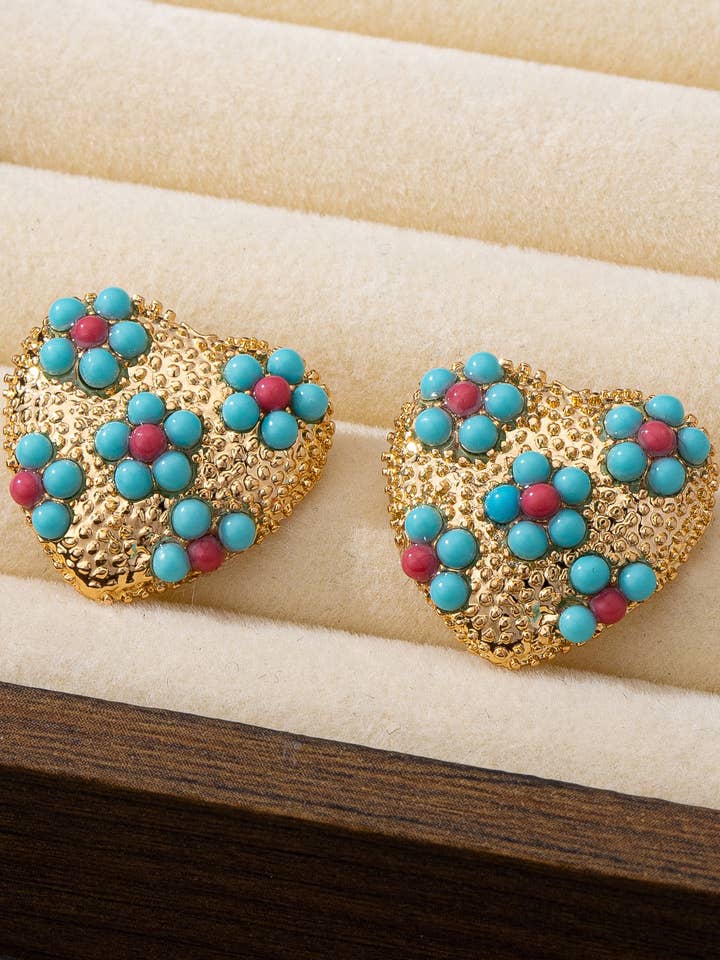 MULTI FLORAL TURQ HEART STUD EARRINGS | 80E61525 for wholesale by JOSSLYN by wall to wall