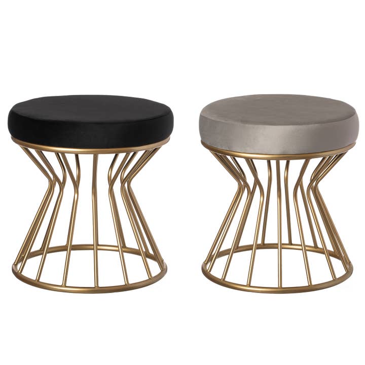 Quickway Imports – wholesale Pall – Modern rund sammet pall med böjd guld metall bas ottoman