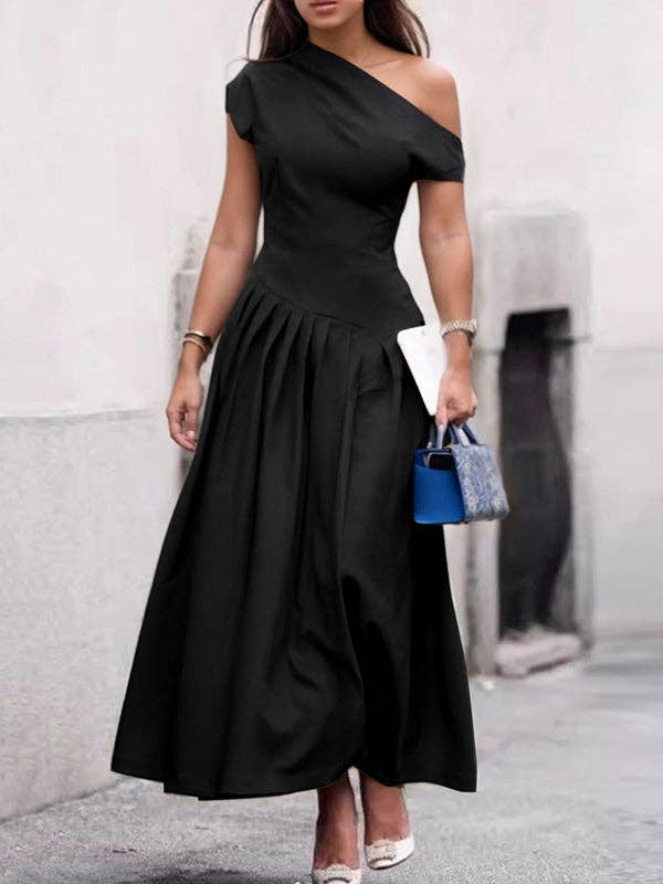 Sheer Trend - Wholesale Dress - Women's - Short Sleeves Asymmetric Pleated Solid Color One-Shoulder Midi Dresses2