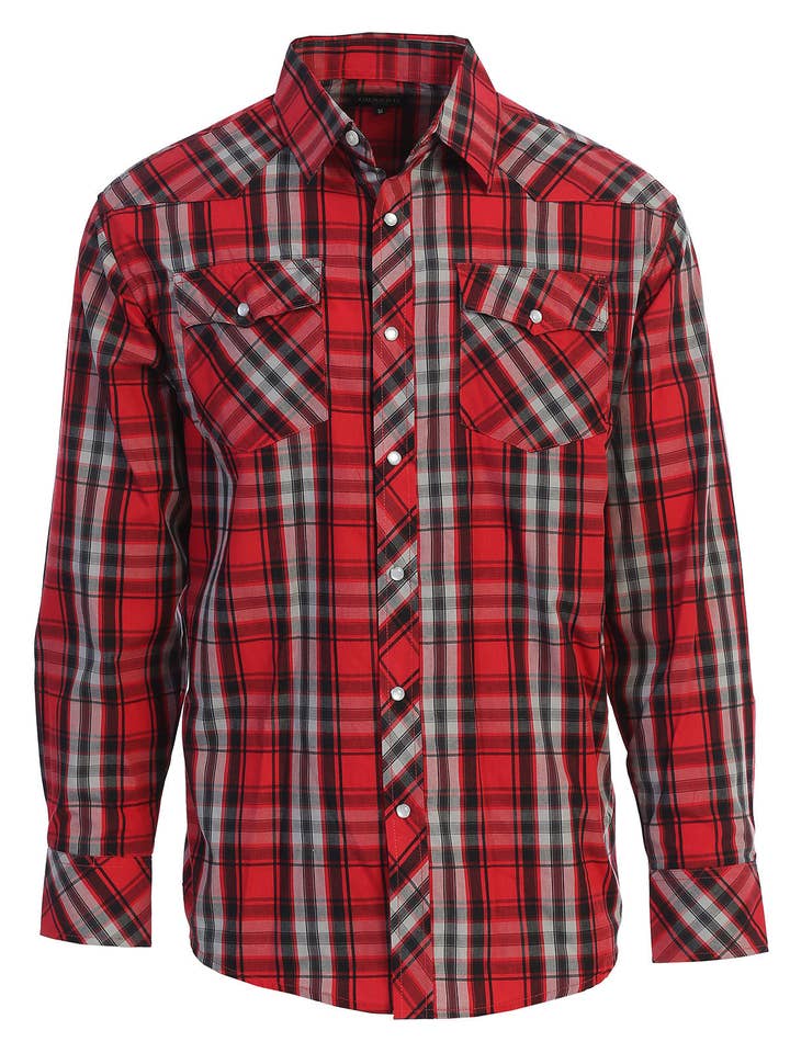 b-one inc - Wholesale Button Down Shirt - Men's - Men's Pearl Snap Button Down Plaid Long Sleeve Western Shirt