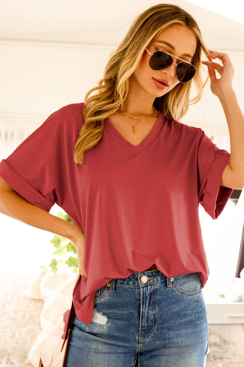 Vine & Love - Wholesale Knit Top - Women's - Short Roll-Up V-Neck Casual Knit Top  VT60441A1