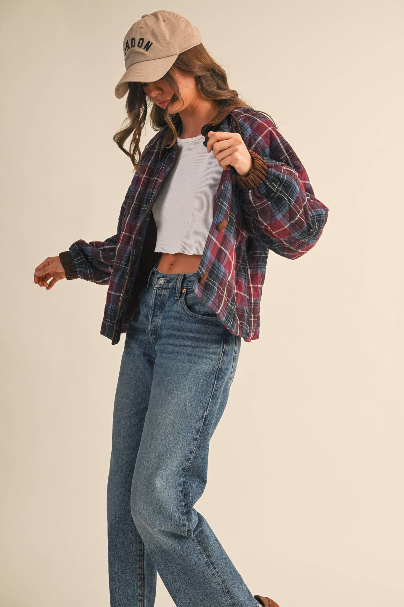 &MERCI - Wholesale Jacket - Women's - PLAID QUILTED JACKET WITH CONTRAST CORDUROY DETAIL MJK411531