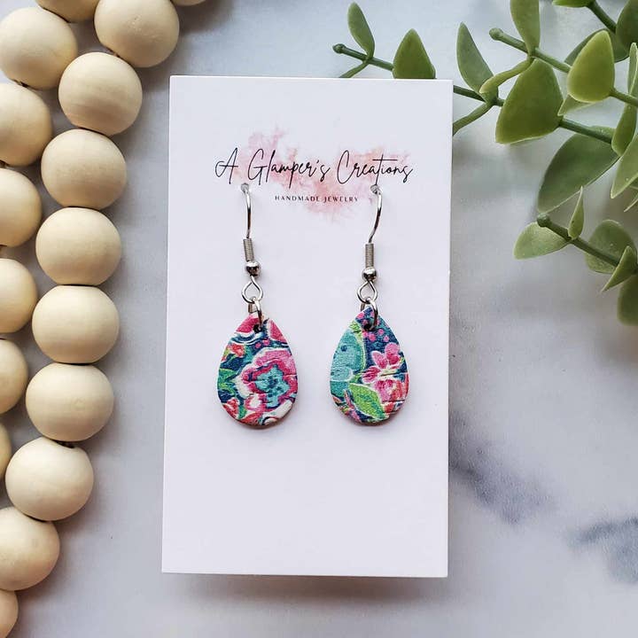 Tropical Floral MINI Teardrop Leather Earrings for wholesale by A Glamper's Creations LLC