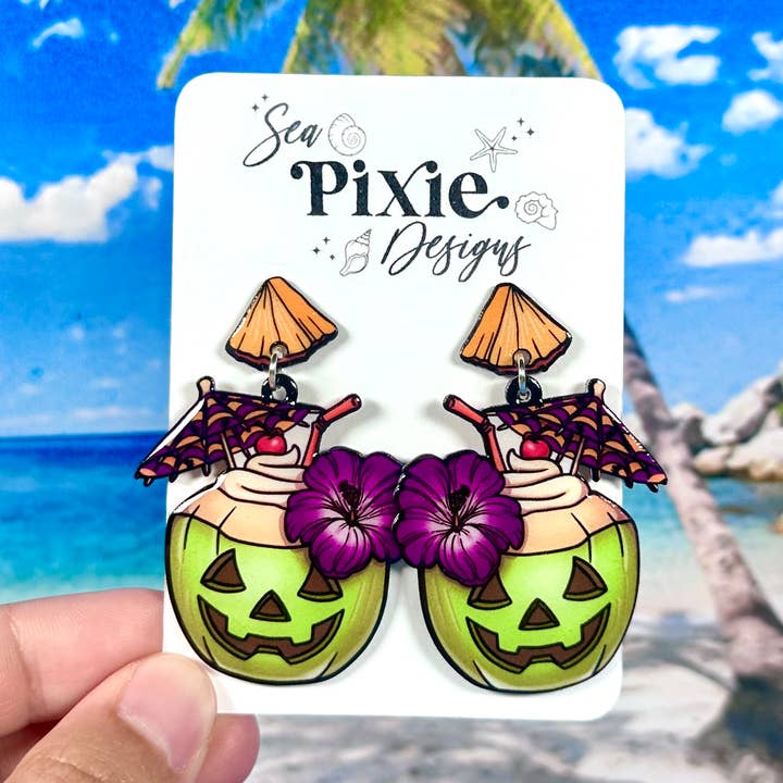 Jack"O"Lantern Kokosnöt Cocktail Sommarween Dinglande Örhängen för wholesale av Sea Pixie Designs