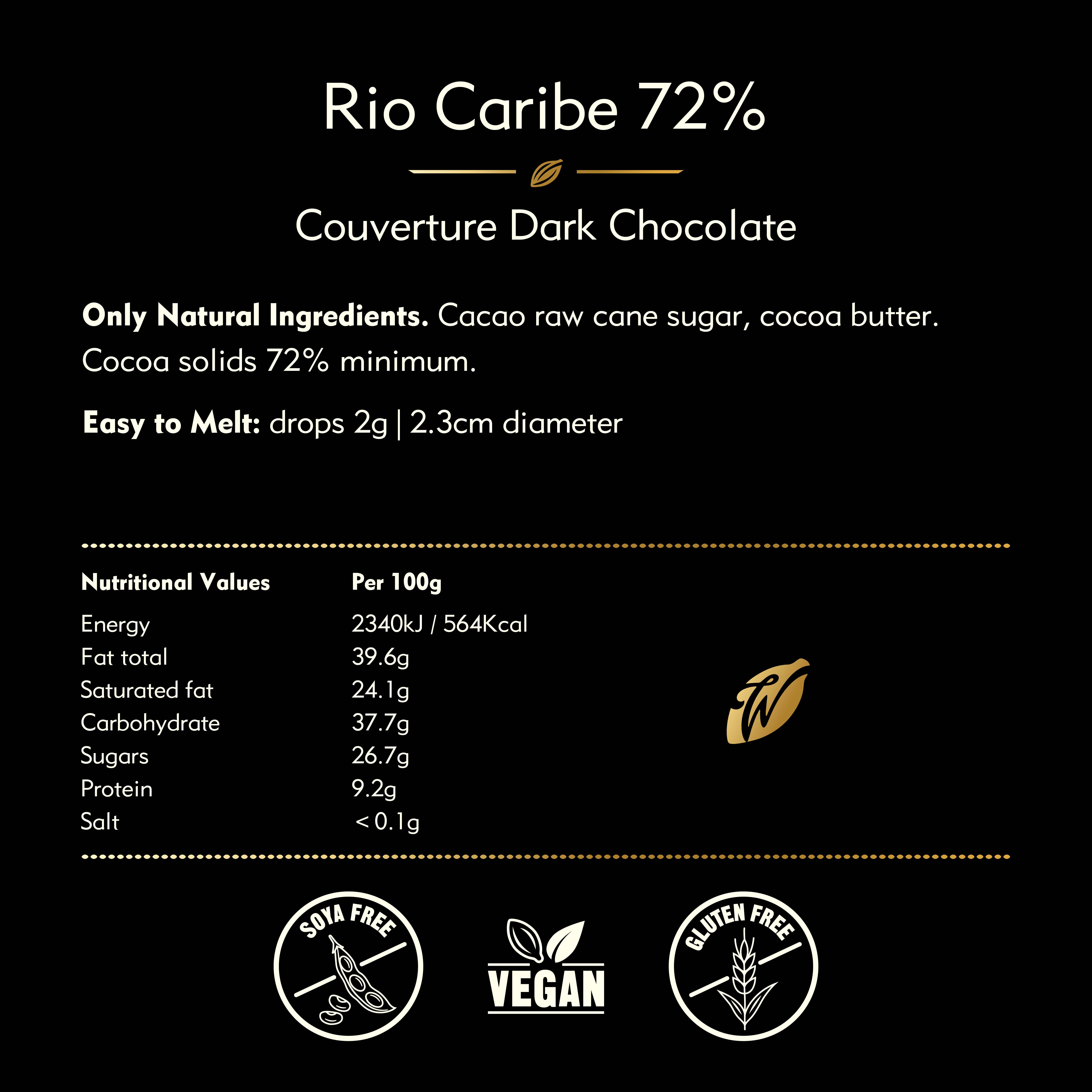 Willie's Cacao – wholesale Chocolate – Chefs Drops. Rio Caribe 72% couverture dark chocolate. Coffee, nutty notes. Vegan. 150g4