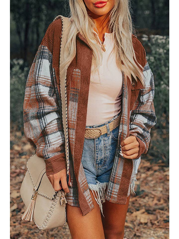 66DISCO - Wholesale Shirt Jacket/Shacket - Women's - Plaid Corduroy Patchwork Chest Pocket Shacket (S-2XL)6