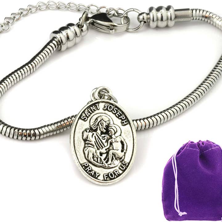 Dave The Bunny - Wholesale Charm/dangle bracelet - St Joseph Bracelet | Saint Joseph Bracelet Jewelry Stainless Steel Snake Chain Charm Bracelet Used as Saint Bracelet Catholic or Blessings Bracelets for Women St Joseph Medals Saint Joseph Charm