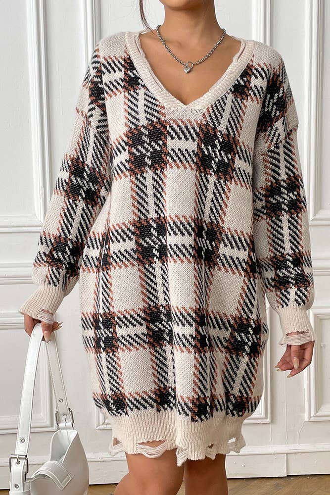 UNISHE – wholesale Dress – Women's – V Neck Plaid Knit Raw Edge One Size Sweater Dress OYM0963