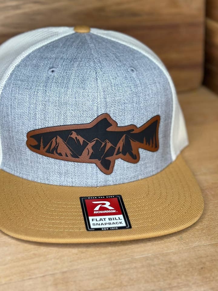 Trout Outdoor Fish Leather Patch Hat for wholesale by MT ENGRAVED