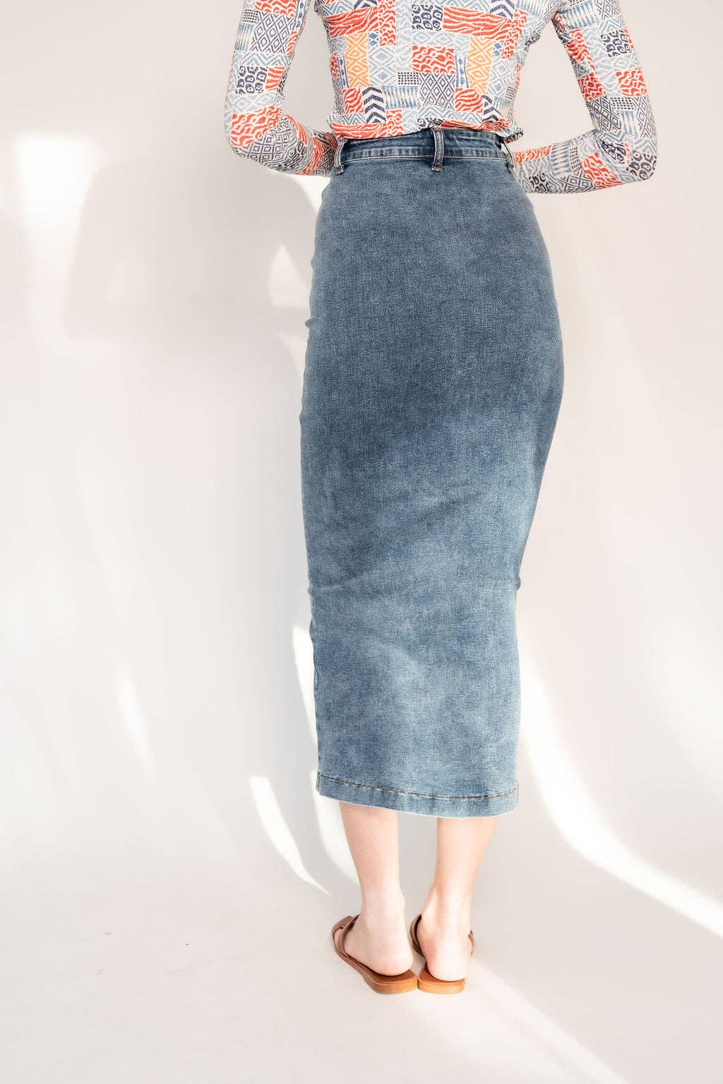 Recollection Brand - Wholesale Dress - Women's - Button Front Stretch Denim Midi Skirt13