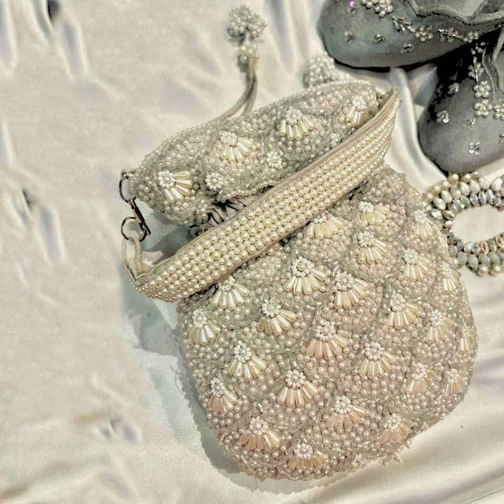 Beaded Beauty: Pearly beads on Grey Cloth Potli Bag, Elegance and Tradition in One for wholesale by Qhareed