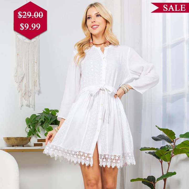 Young Threads - Wholesale Dress - Women's - Bohemian Baby Doll Shirt Dress In Mandarin With Embroidery