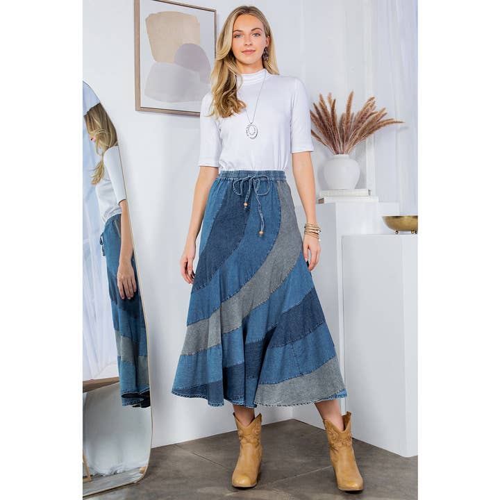 Denim Magic: Mid-Length Skirt With Asymmetrical Bias Panels for wholesale by Young Threads