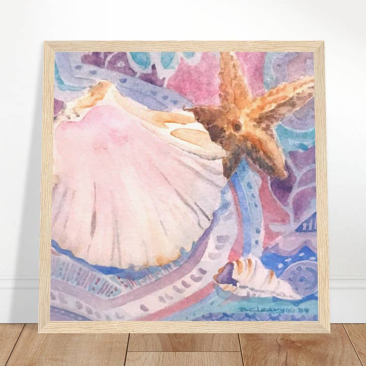 « Étoile de mer » Aquarelle I Impression d'art encadrée en bois 12x12 pouces I Œuvre originale de l'artiste américaine Barbara Cleary pour la vente par Barbara Cleary Designs