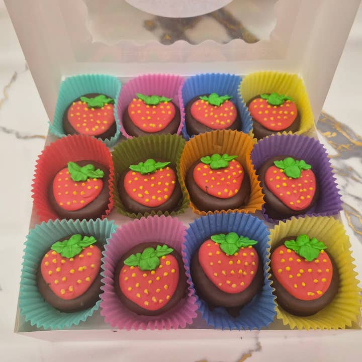Strawberry on Oreo's Hand Decorated box of 24 for wholesale by Bear Creek Candy Kitchen