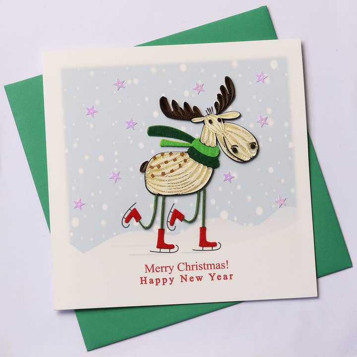 Merry Xmas Happy New Year Moose Snowflakes Quilled Card for wholesale by Poppin Cards and Gifts