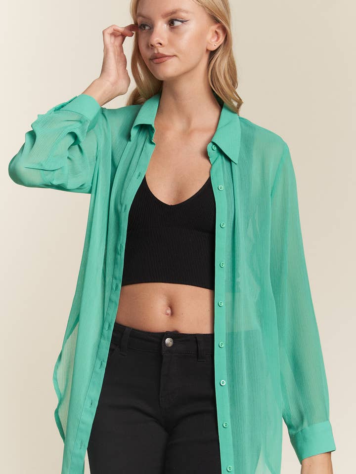 YORU CHIFFON BUTTON DOWN SHEER LONG SLEEVE SHIRT for wholesale by Hers & Mine