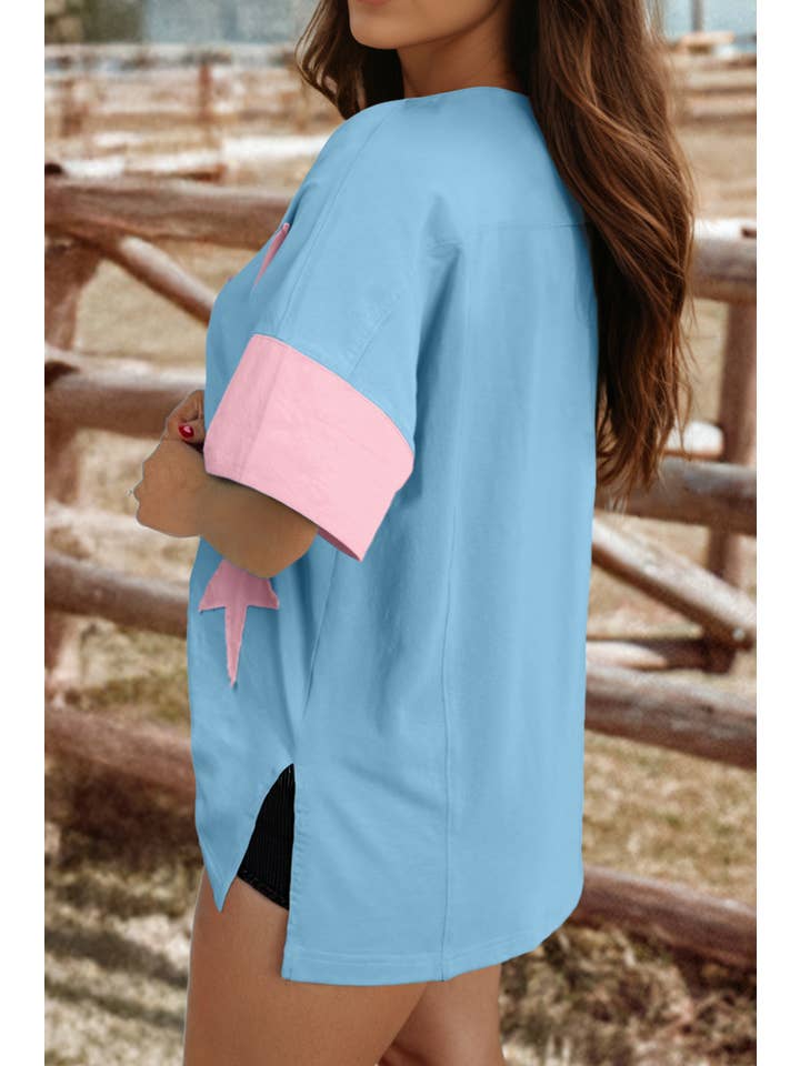 fashionworks - Wholesale T-Shirt - Women's - Fashion-W Frayed Star Denim Patchwork Oversize T Shirt