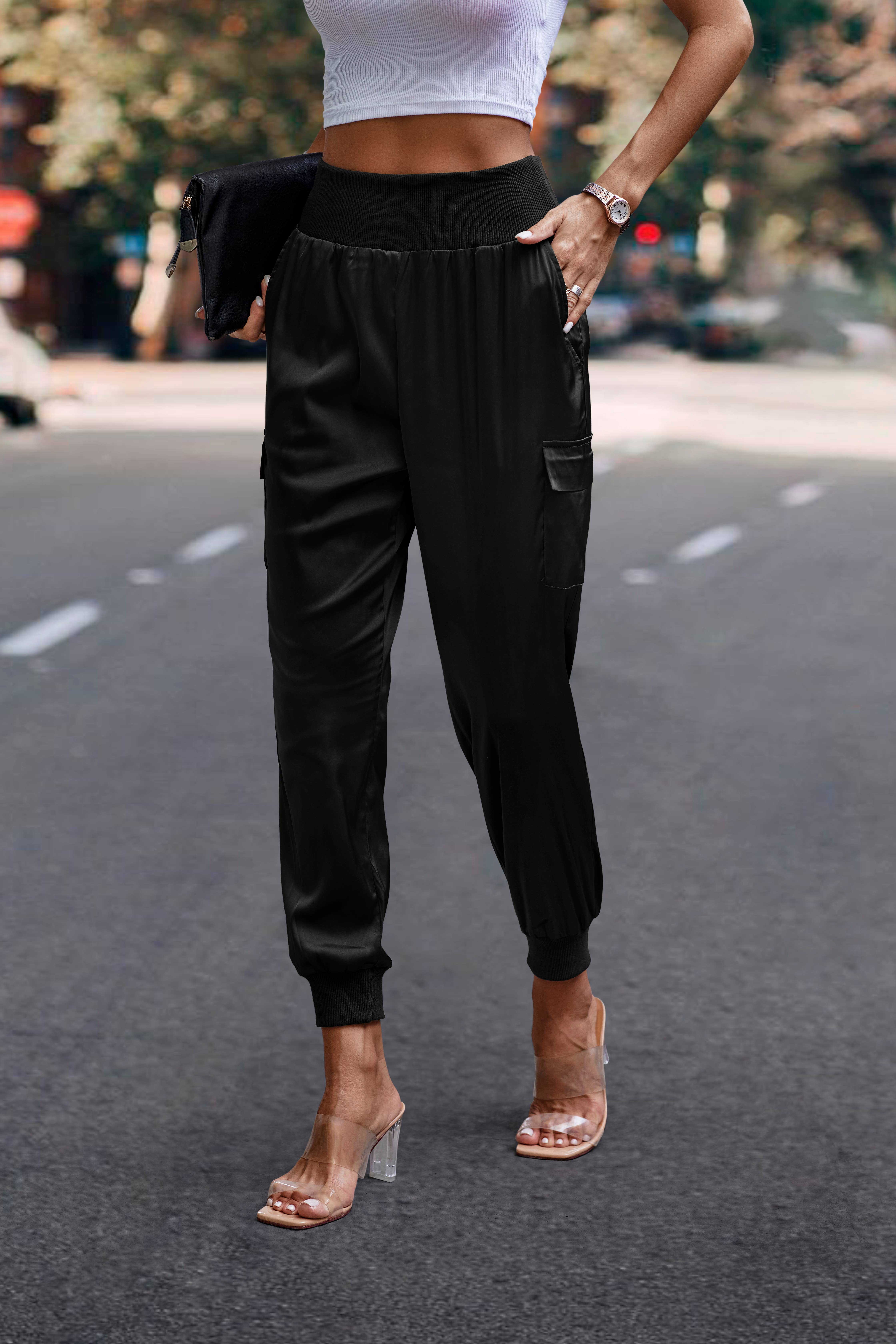 eLook - Wholesale Lounge Sweatpants/Joggers - Women's - SZ1-P0012 Satin Cargo Jogger with Ribbed Waist19
