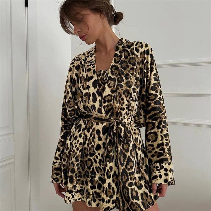 Leopard Print Strapless Long Sleeve Shorts Pajama Set for wholesale on Faire2
