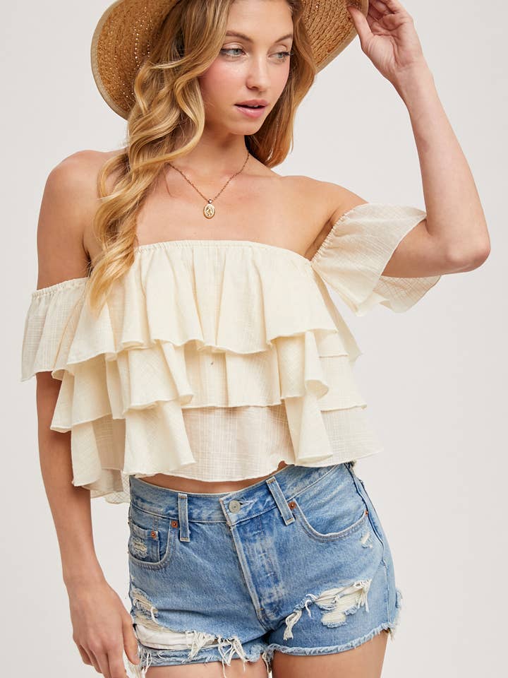 Bluivy - Wholesale Blouse - Women's - TEXTURED OFF-THE-SHOULDER TIERED CROP TOP