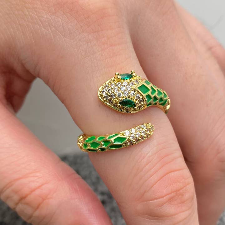 Mio Queena - Wholesale Cocktail/Statement Ring - Inlaid Cubic Zirconia Enamel Snake Golden Adjustable Ring