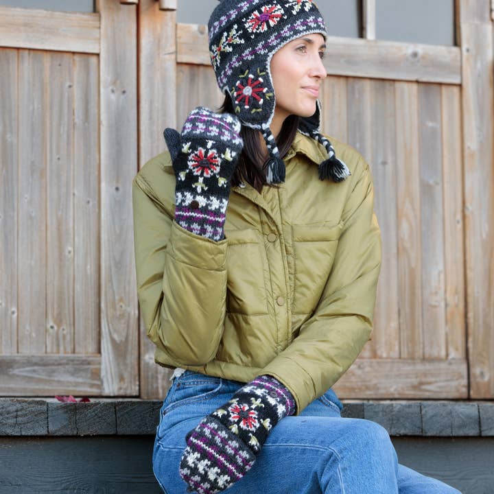 Lost Horizons Knitwear – Ships from USA - Wholesale Mittens - Women's - Fussen Fingerless Gloves with Flip-Top and Embroidery4