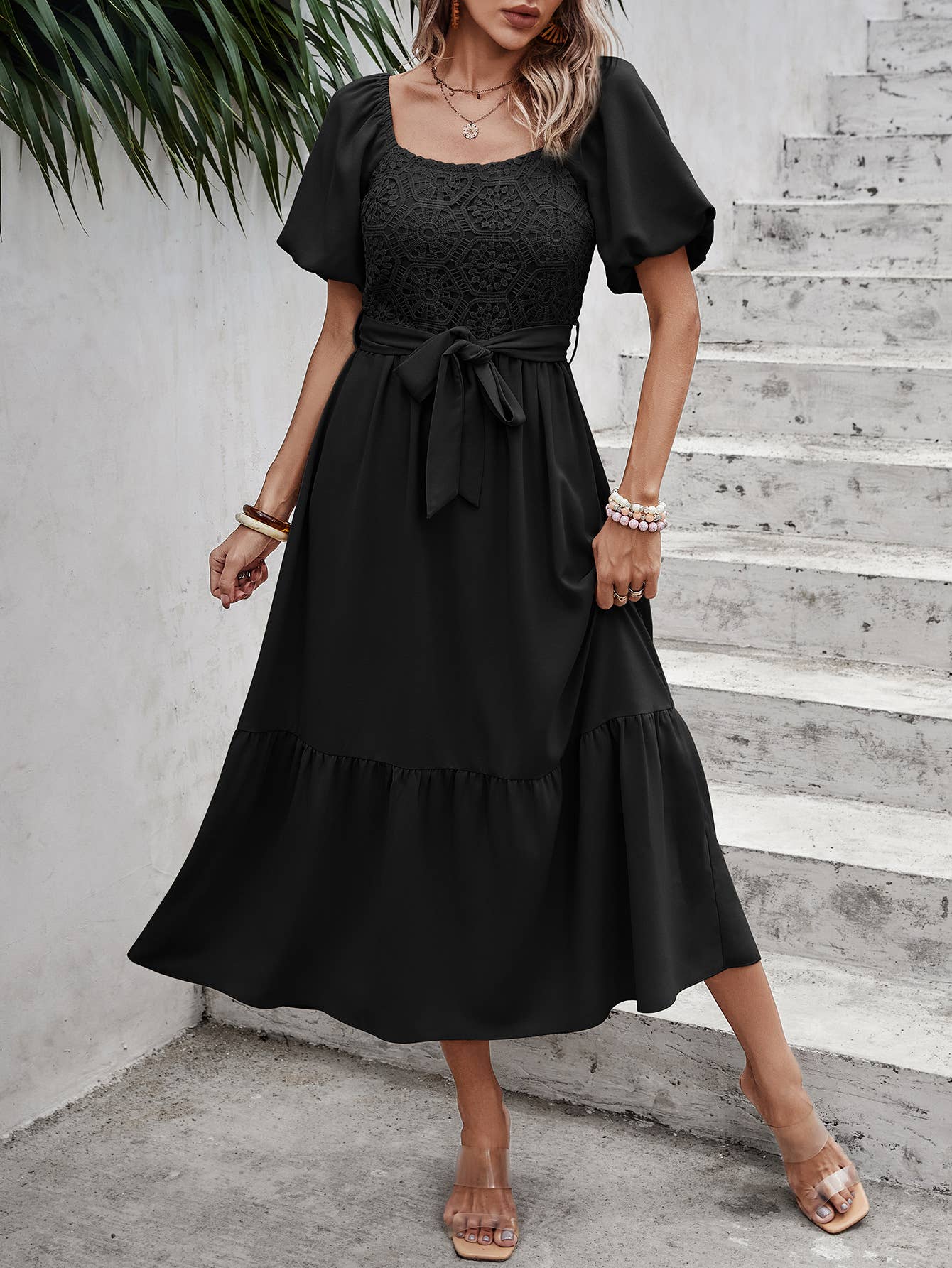 eLook - Wholesale Jurk - Dames - SZ1-DR1008 Midi-jurk met haakdetails en pofmouwen en riem18