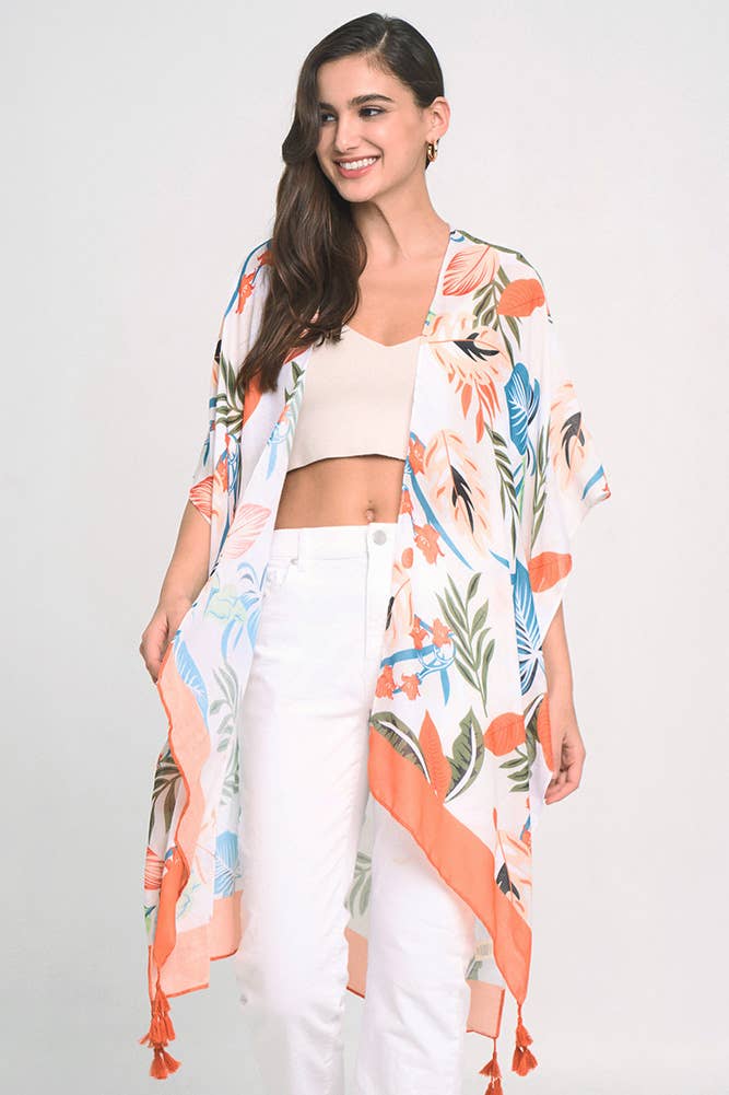 Hana - Wholesale Kimono - Women's - Palm Leaf Print Tassel Summer Kimono Cover Up2