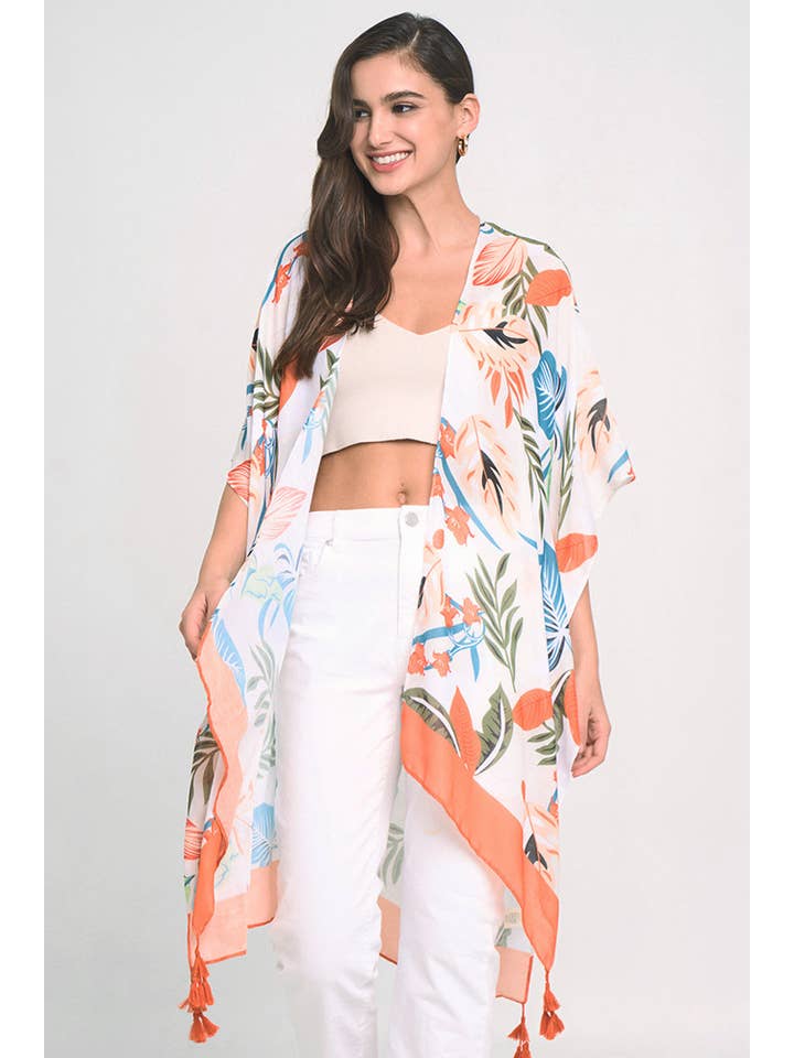 Hana - Wholesale Kimono - Women's - Palm Leaf Print Tassel Summer Kimono Cover Up2