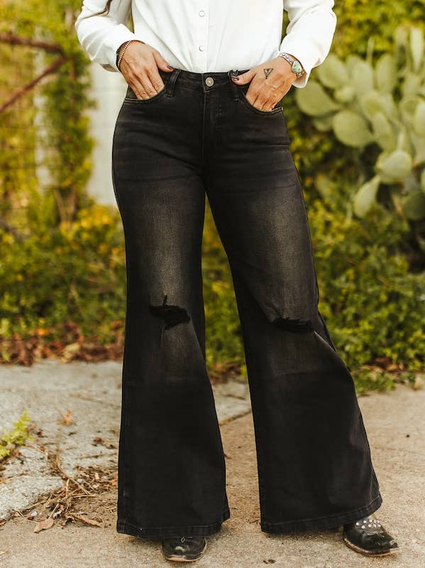 Black Wash High Rise Knee Rip Wide Leg Jeans (31in Inseam) for wholesale by LUCKY & BLESSED