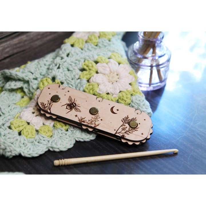Bee Moon Themed 3-Dial Maple Wood Knitting Row Counter for wholesale by Sunrise Grove
