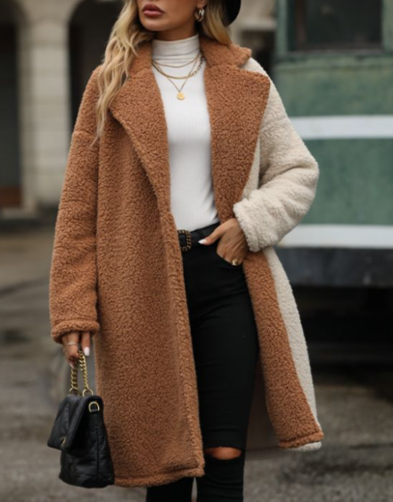 Camel Contrast faux fur teedy sherpa longline coat for wholesale on Faire5
