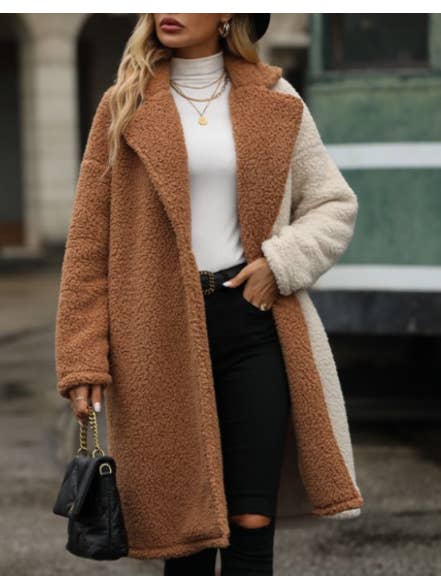 Camel Contrast faux fur teedy sherpa longline coat for wholesale on Faire5