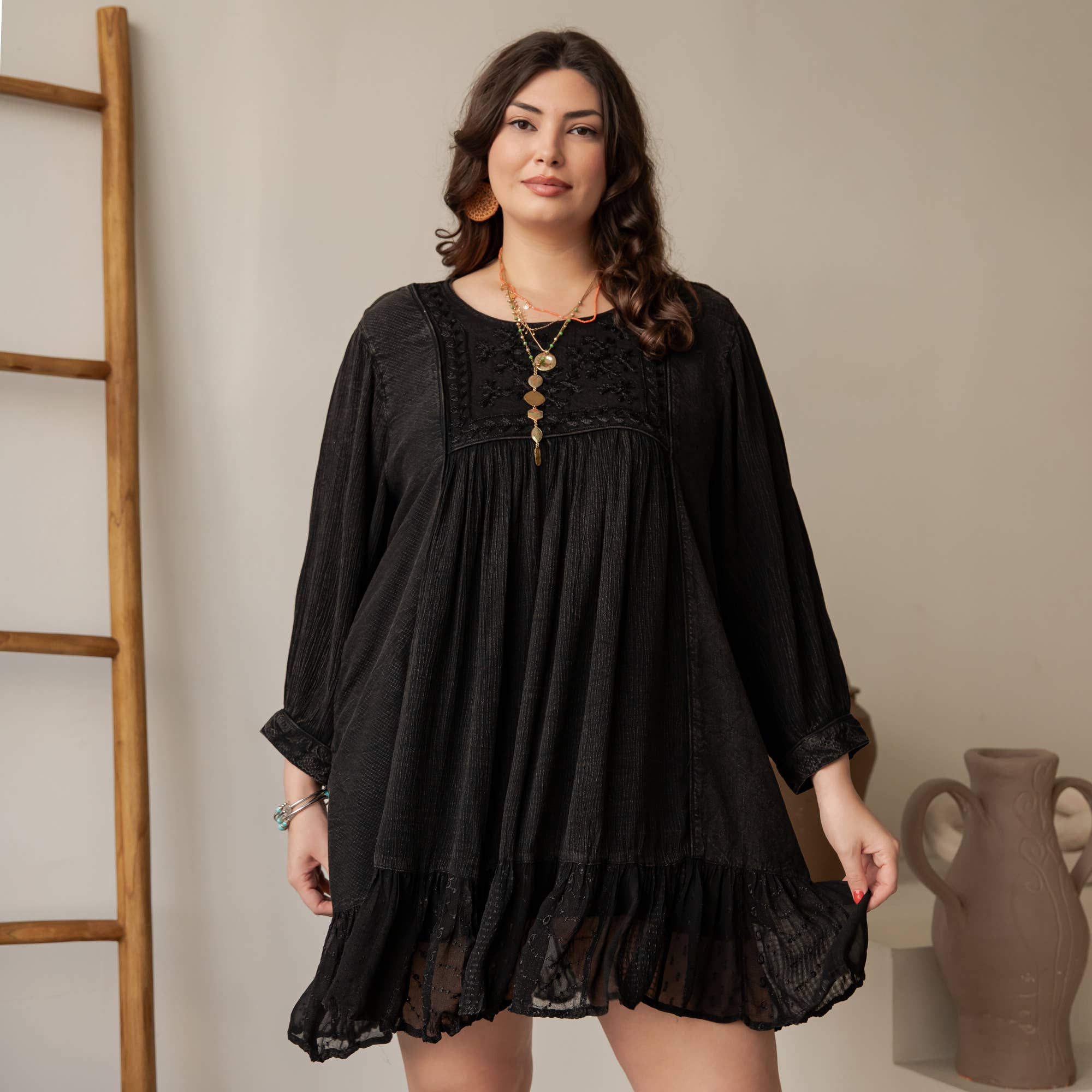 Charcoal Boho Embroidered Ruffle Hem Babydoll Dress ALSO IN PLUS for wholesale on Faire9