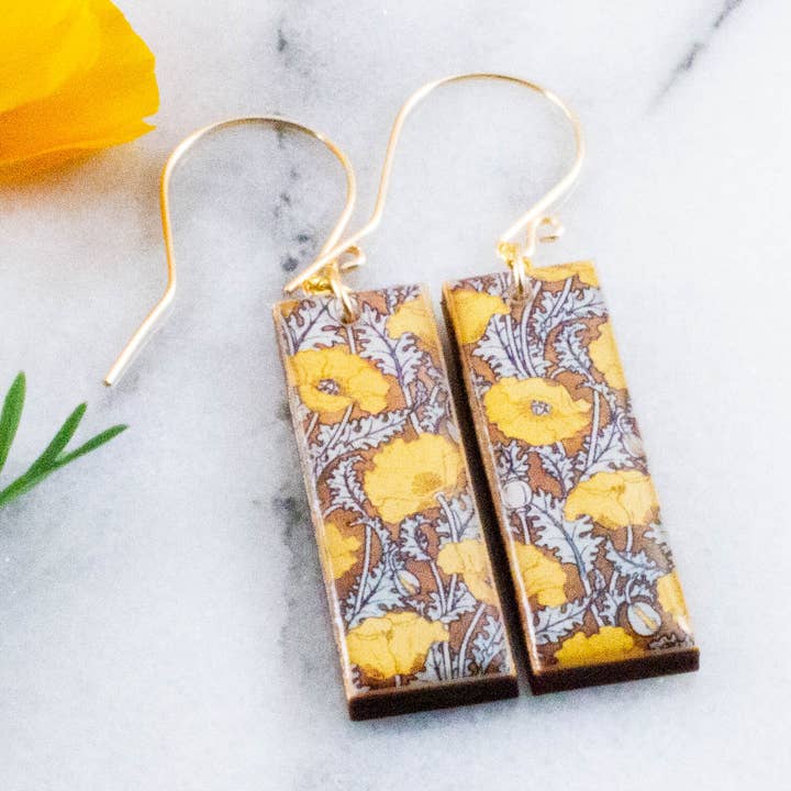 William Morris Yellow Poppies Rectangle Earrings for wholesale by No Man's Land